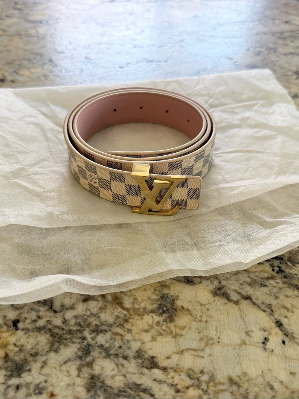 Louis Vuitton Damier Azur Canvas Belt with Pink Interior and Gold LV Buckle